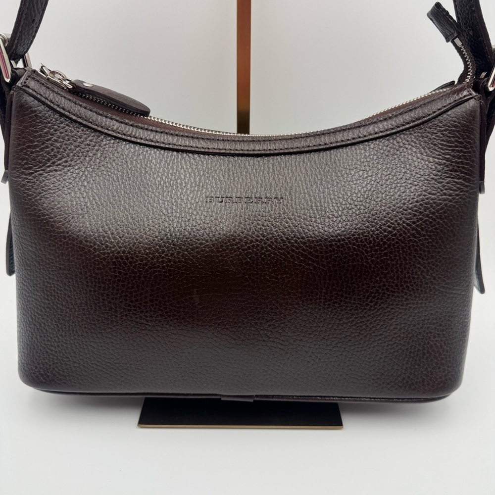 Auth Burberry Shoulder Hobo Dark Brown Grained Leather Handbag Silver Hardware